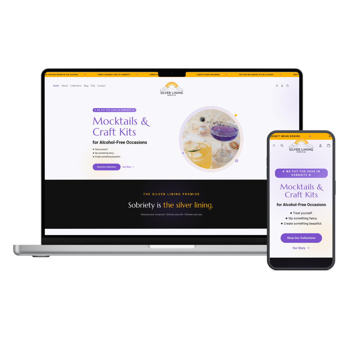 Laptop and smartphone displaying a website for mocktails and craft kits, with a circular image of colorful drinks, purple and yellow accents.