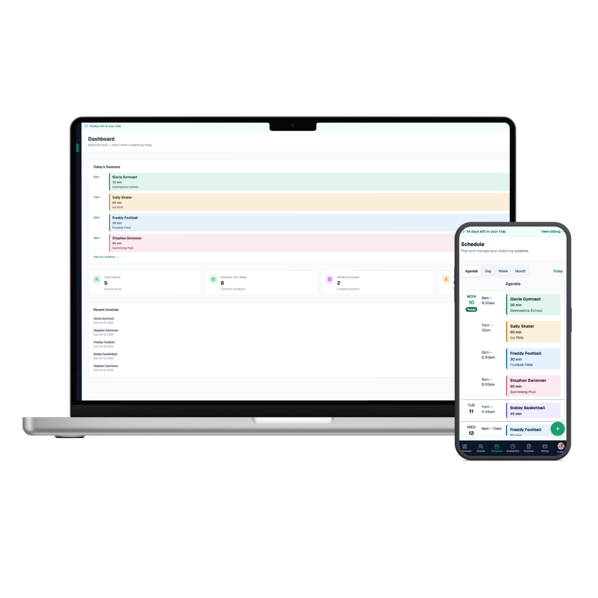 Laptop and smartphone displaying a scheduling or calendar application with colored blocks for events, on a white background.