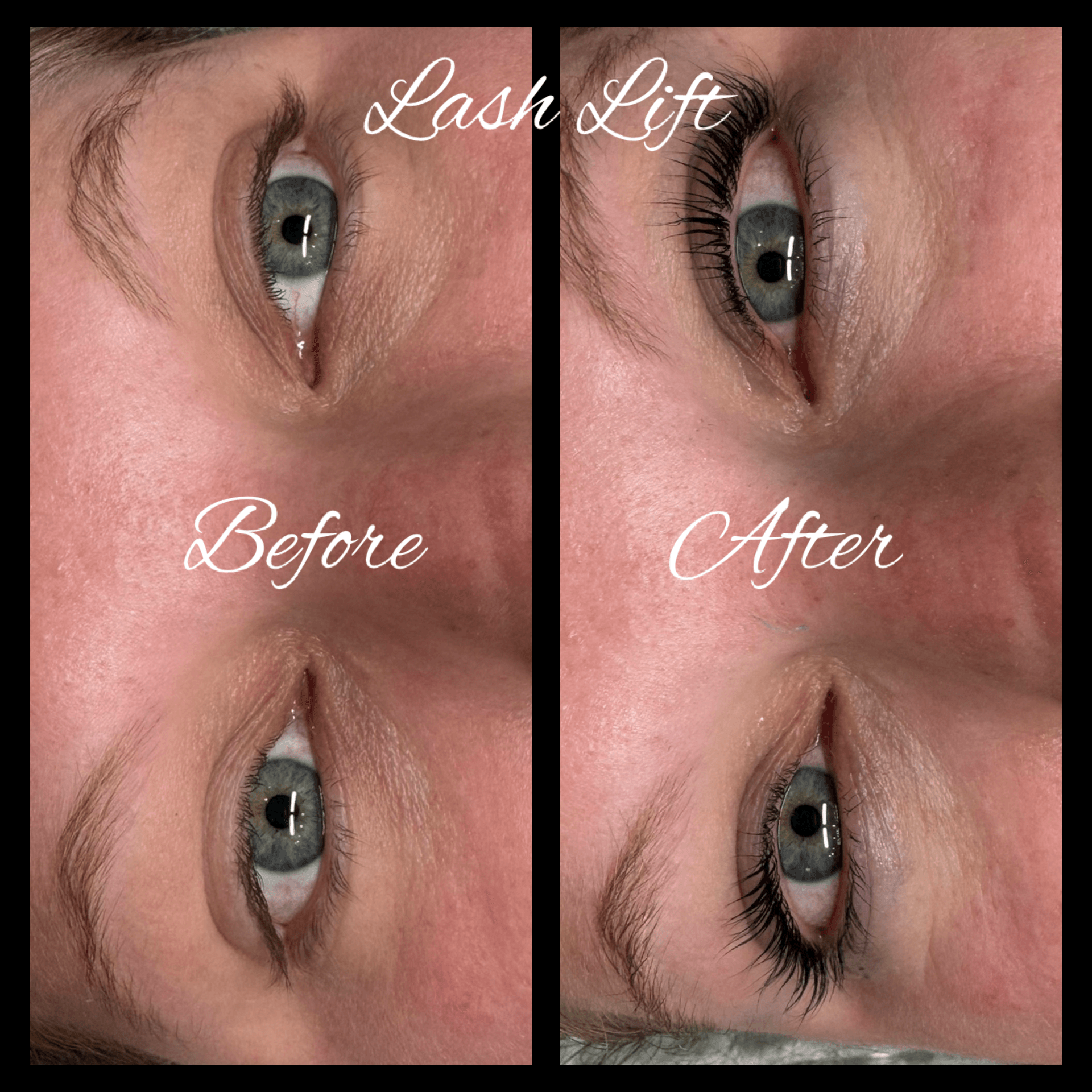 Comparison of eyes before and after eyelash lift, showing longer, curled eyelashes in the after image.