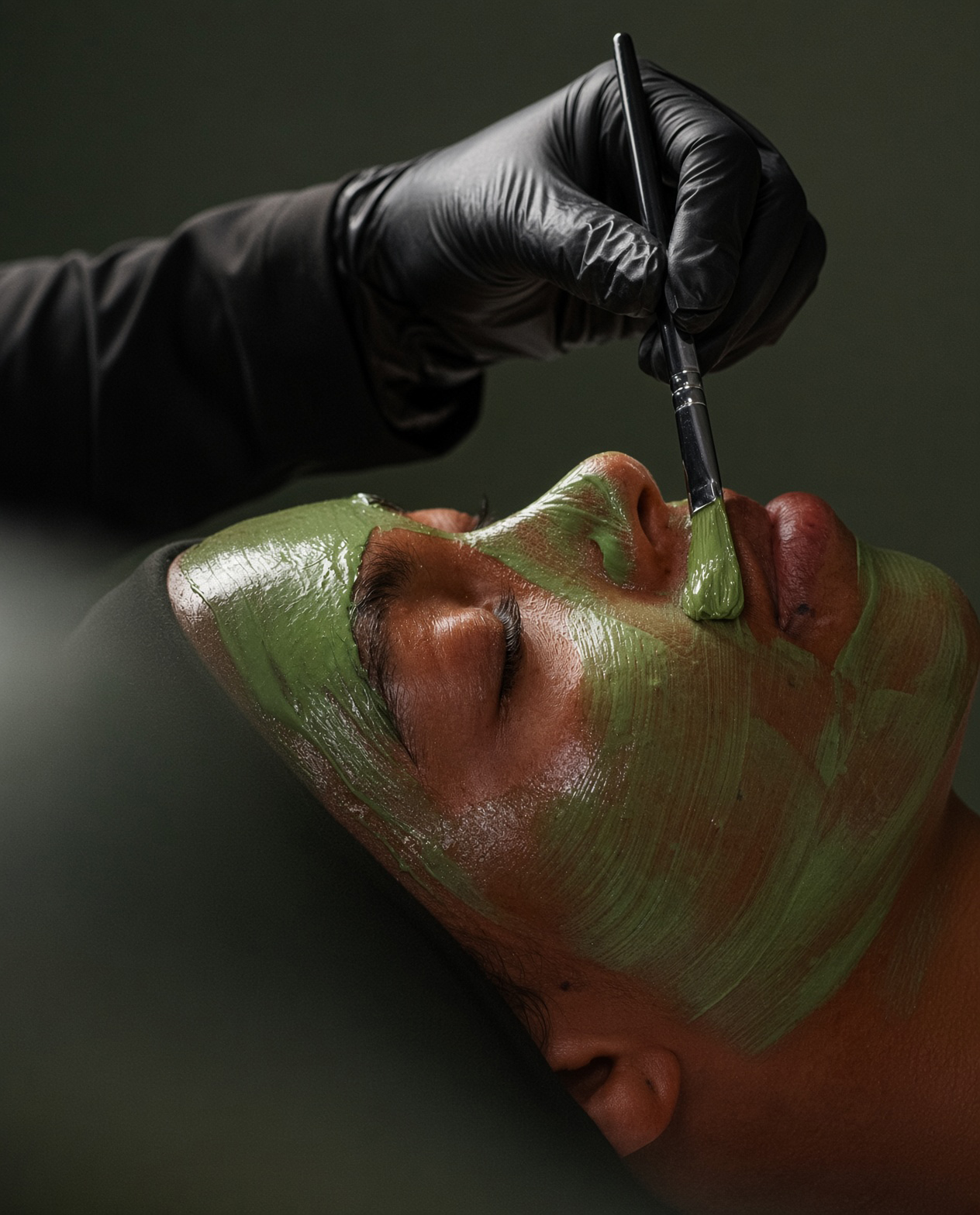 Person receiving facial treatment with green mask, lying down with eyes closed, technician applying mask with brush, gloved hand visible.