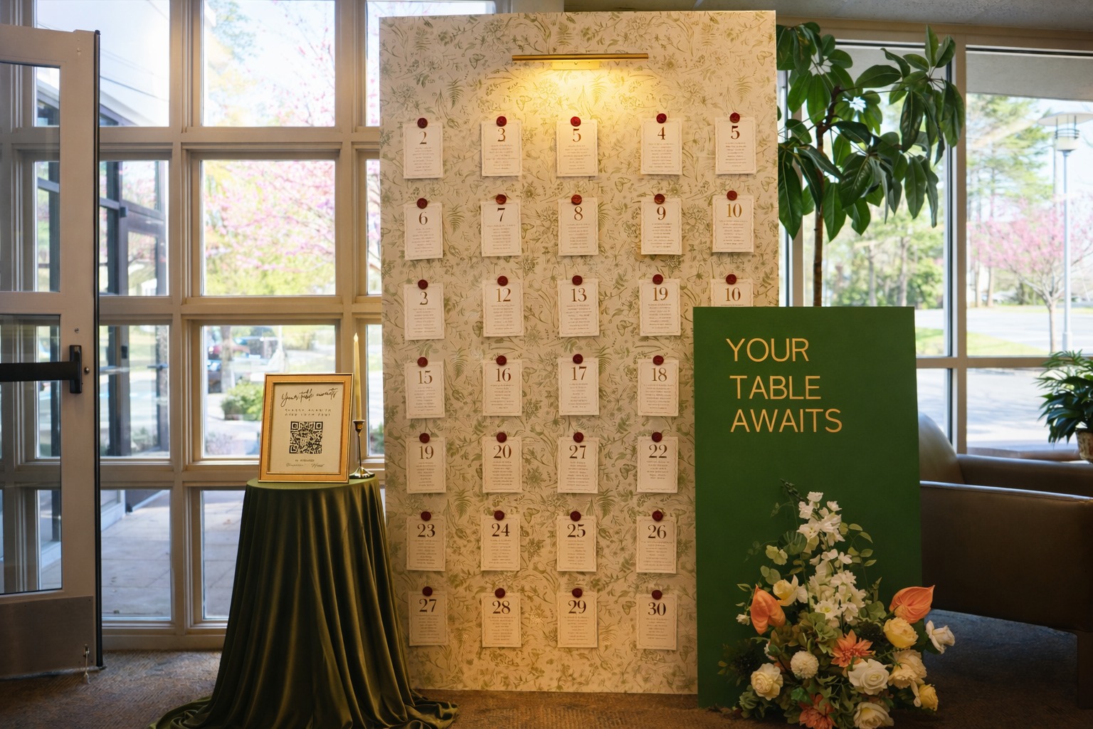 Display with multiple white cards on a beige wall, a green sign reading 'Your table awaits,' and a small table with a framed sign and flowers.