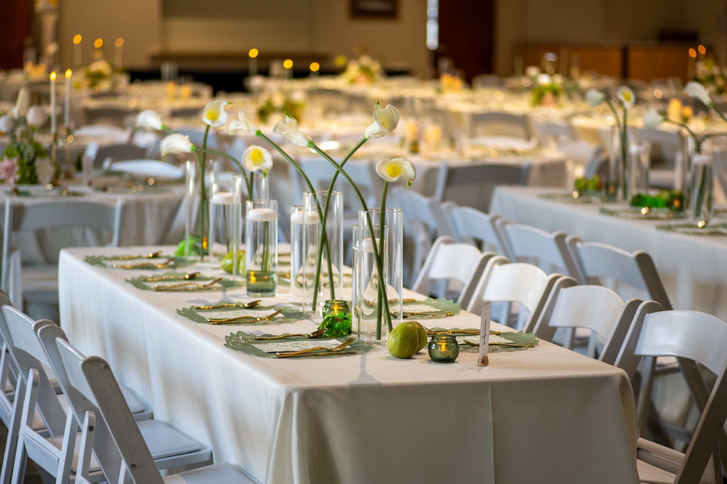 Long banquet table with white tablecloth, decorated with tall vases of daisies, set for a formal event, with chairs around.