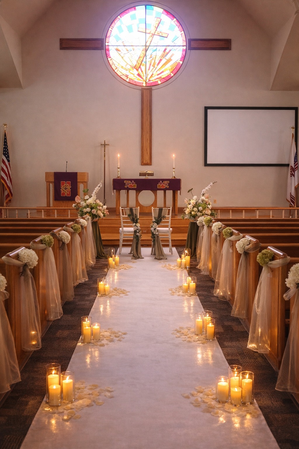 Church aisle decorated with candles and flowers, leading to altar with cross and stained glass window above.