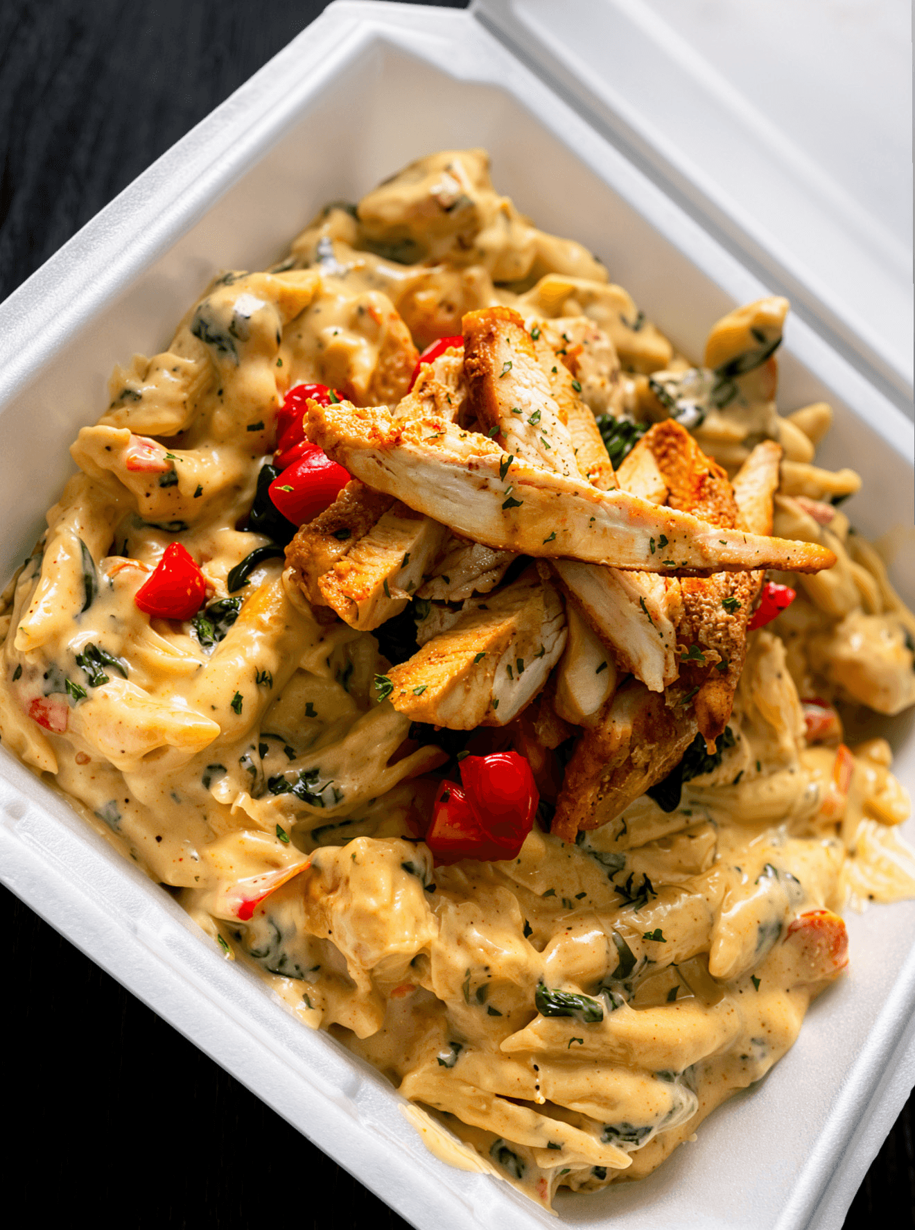 Creamy pasta with chicken pieces, red bell peppers, and herbs in a white container.
