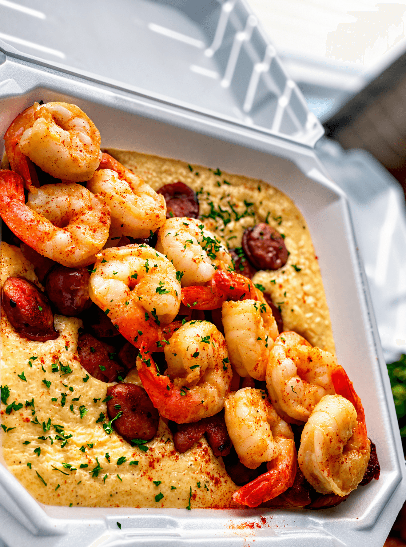 Shrimp, sausage, and vegetables served over creamy grits in a takeout container.