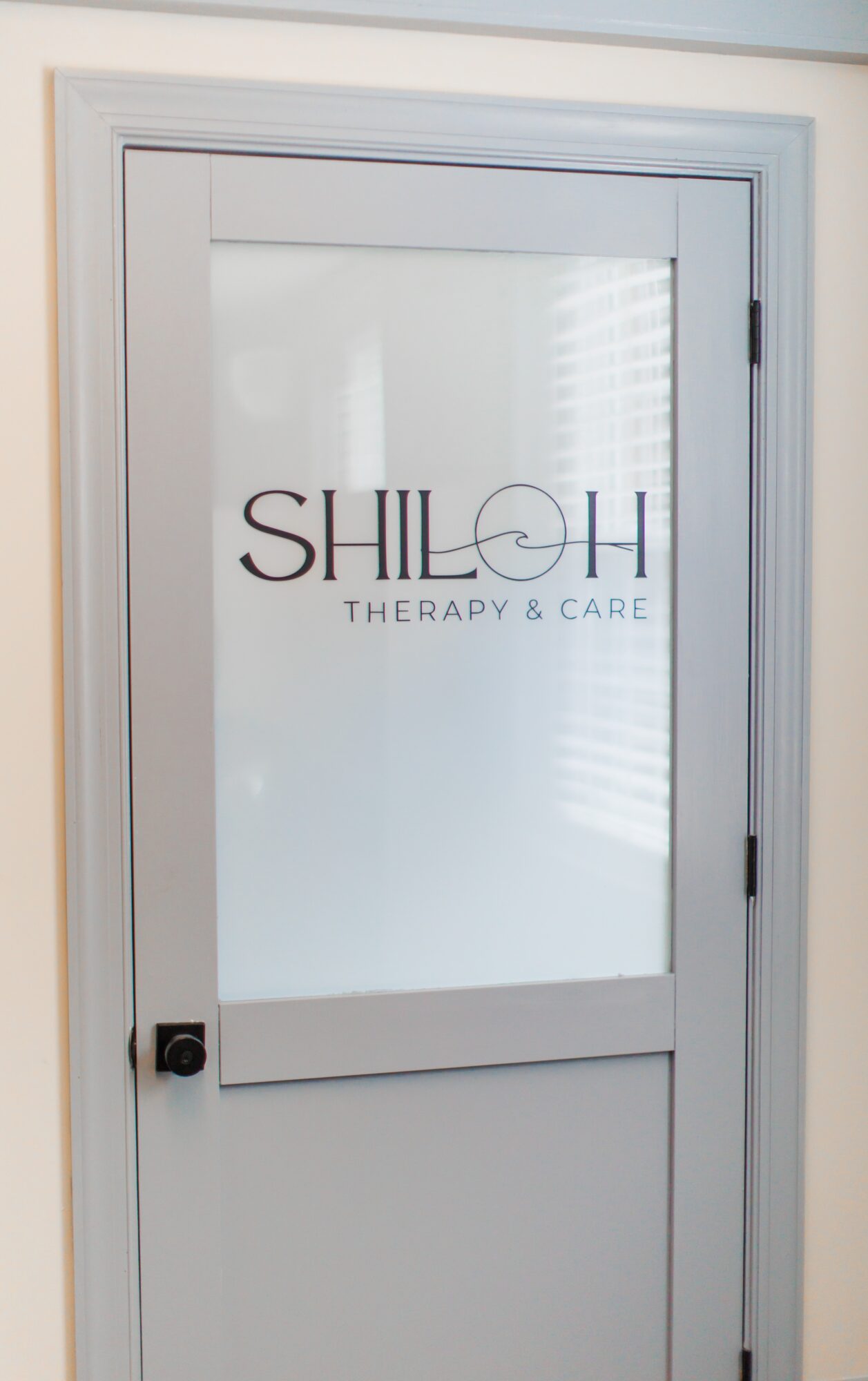 Glass door with logo and text for SHILOH Therapy & Care, with a black handle and white frame.
