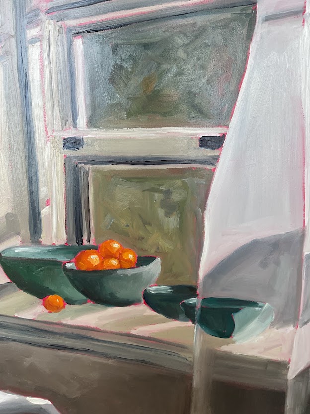 A bowl of oranges on a windowsill with a window behind, painted in a loose, impressionistic style.