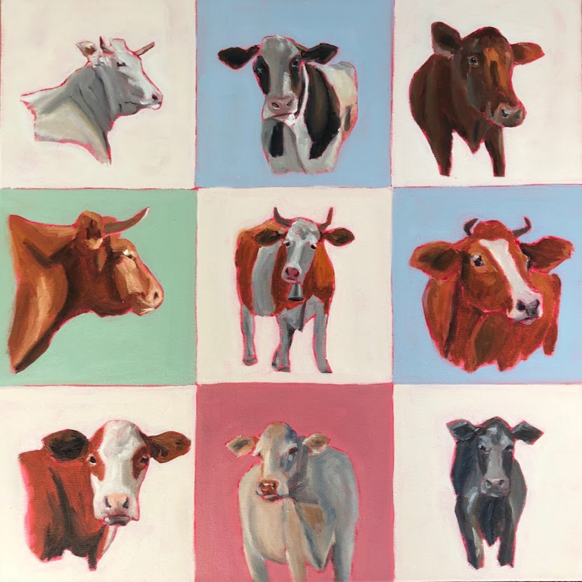 Nine painted cow portraits in a 3x3 grid, each with different background colors and expressions.