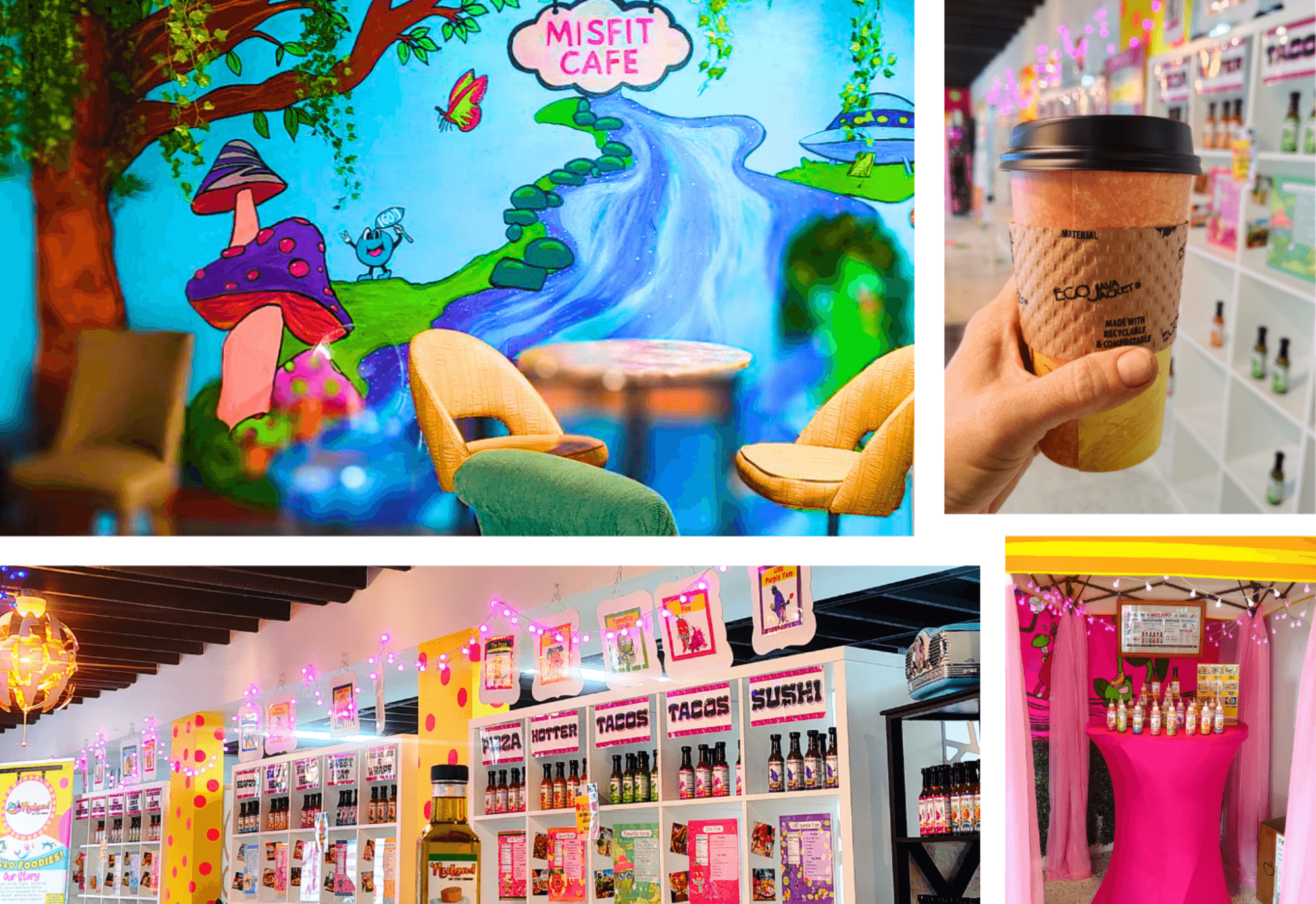 Colorful cafe interior with mural, hand holding coffee cup in store, shelves with products, and pink display with bottles.