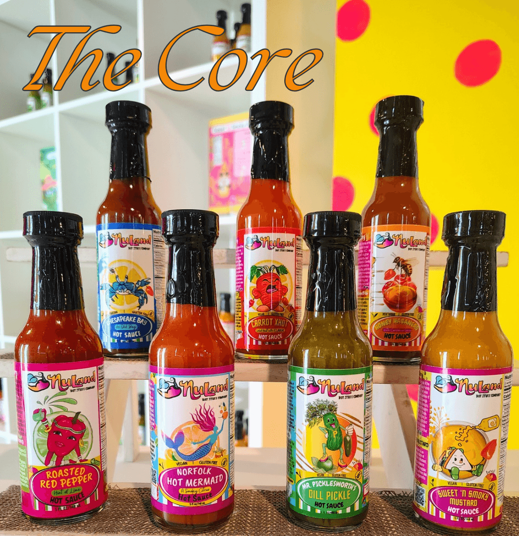 Six bottles of hot sauce on a shelf with colorful background, labels featuring various peppers and characters.