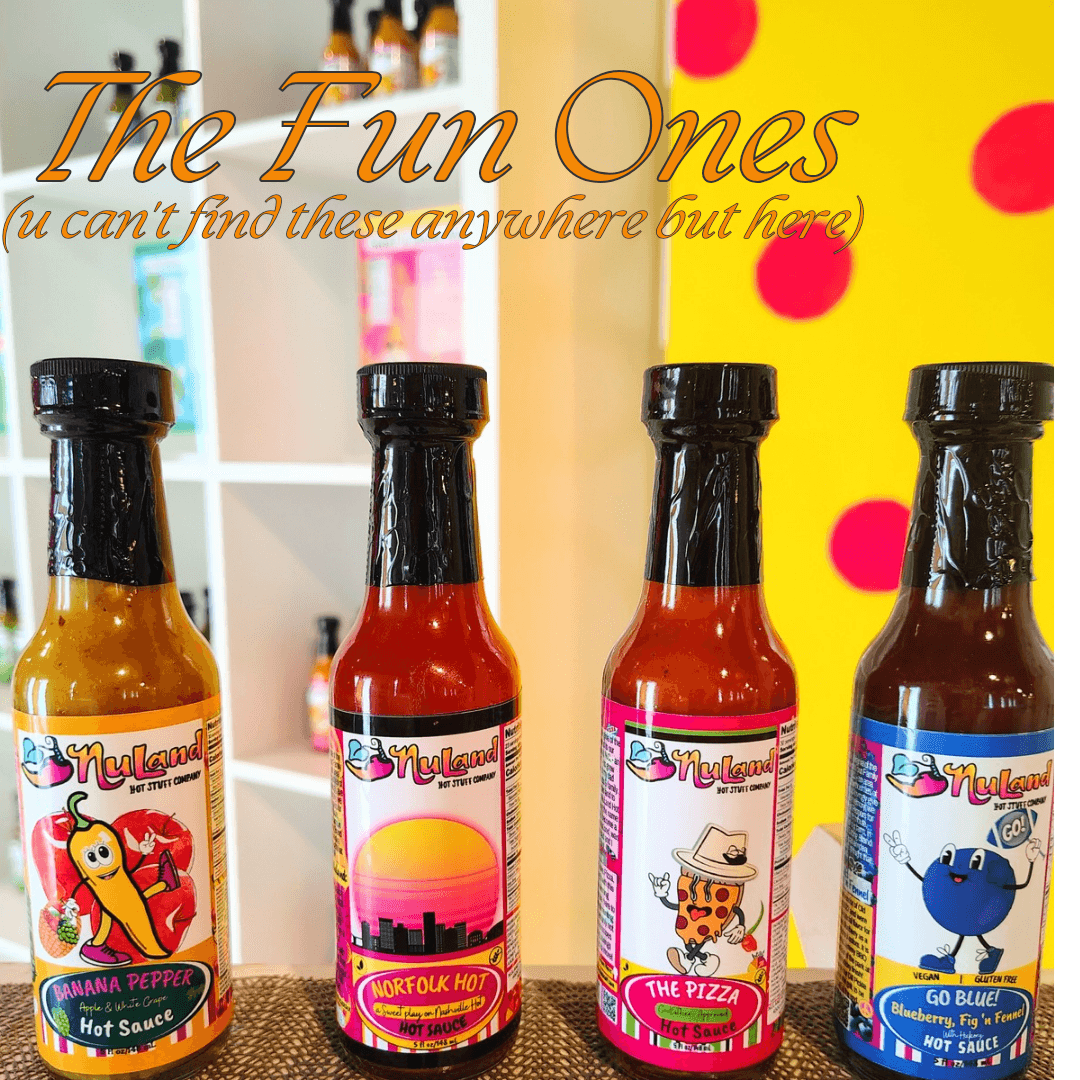 Four bottles of hot sauce with colorful backgrounds and playful labels, titled 'The Fun Ones' with a subtitle about finding them.