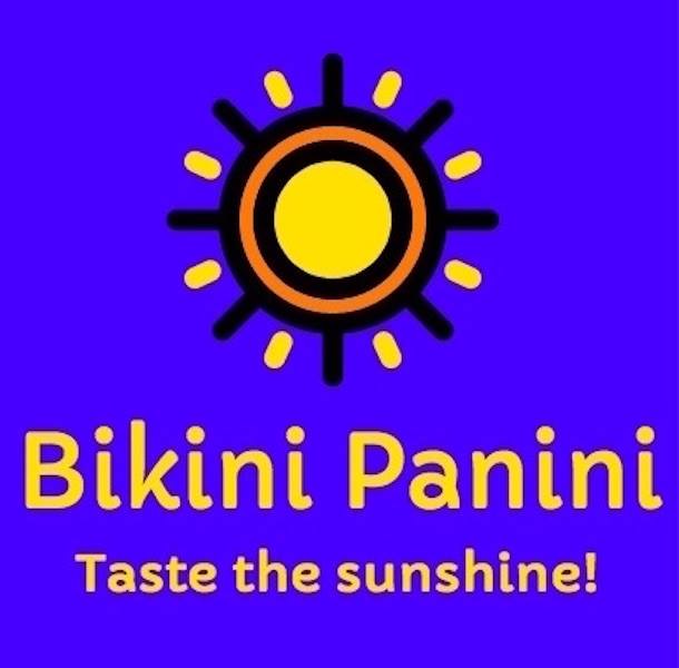 Bright sun icon above yellow text reading 'Bikini Panini' and purple text 'Taste the sunshine!'.