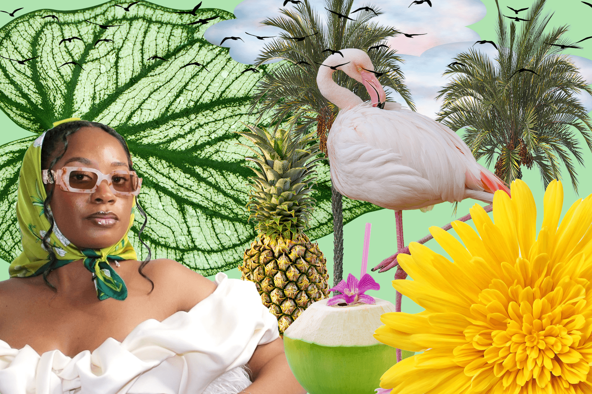 Woman wearing sunglasses and a headscarf, tropical background with palm trees, pineapple, flamingo, coconut, and yellow flower.