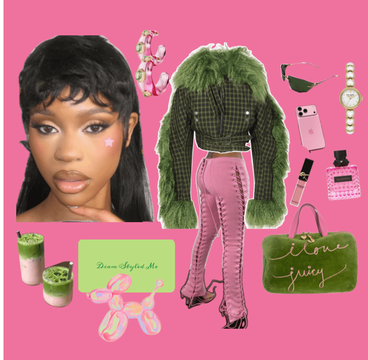 Collage of a woman with makeup, pink background, green fuzzy jacket, pink pants, accessories, and drinks.