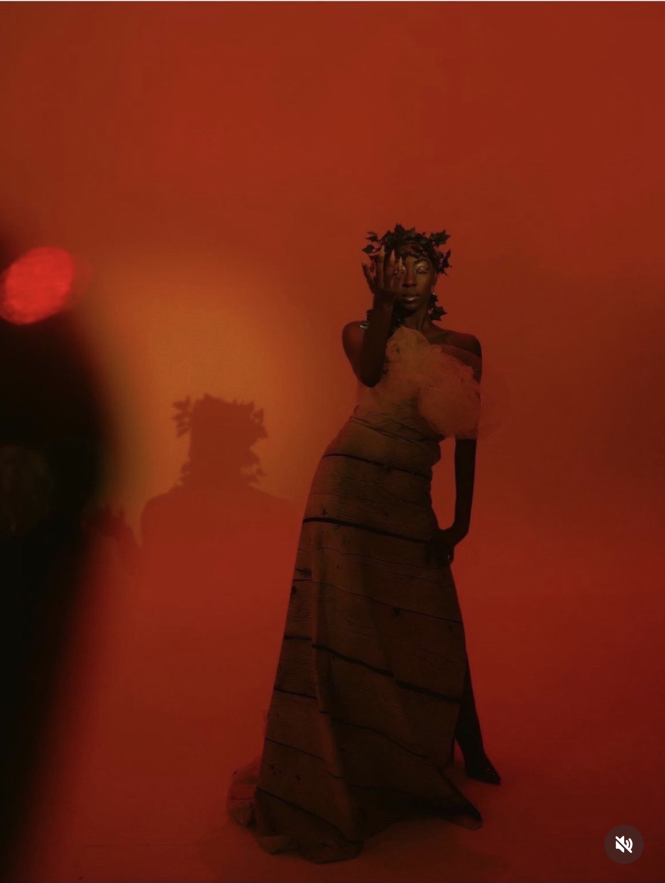 Person standing on stage with a red background, shadow cast on the wall, wearing a long dress, hair styled in twists.