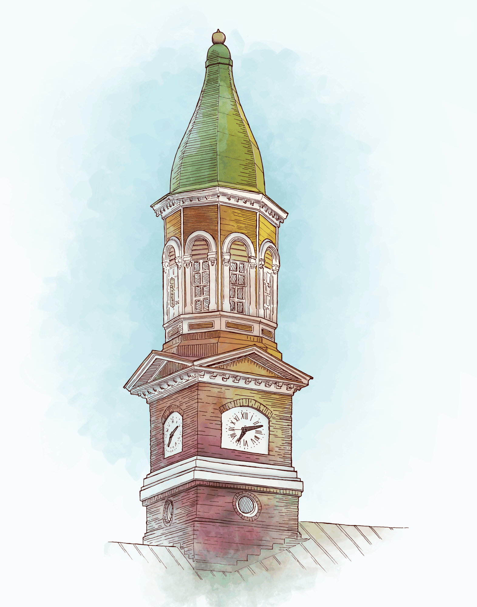 Clock tower with a green spire and a clock face, against a light blue sky.