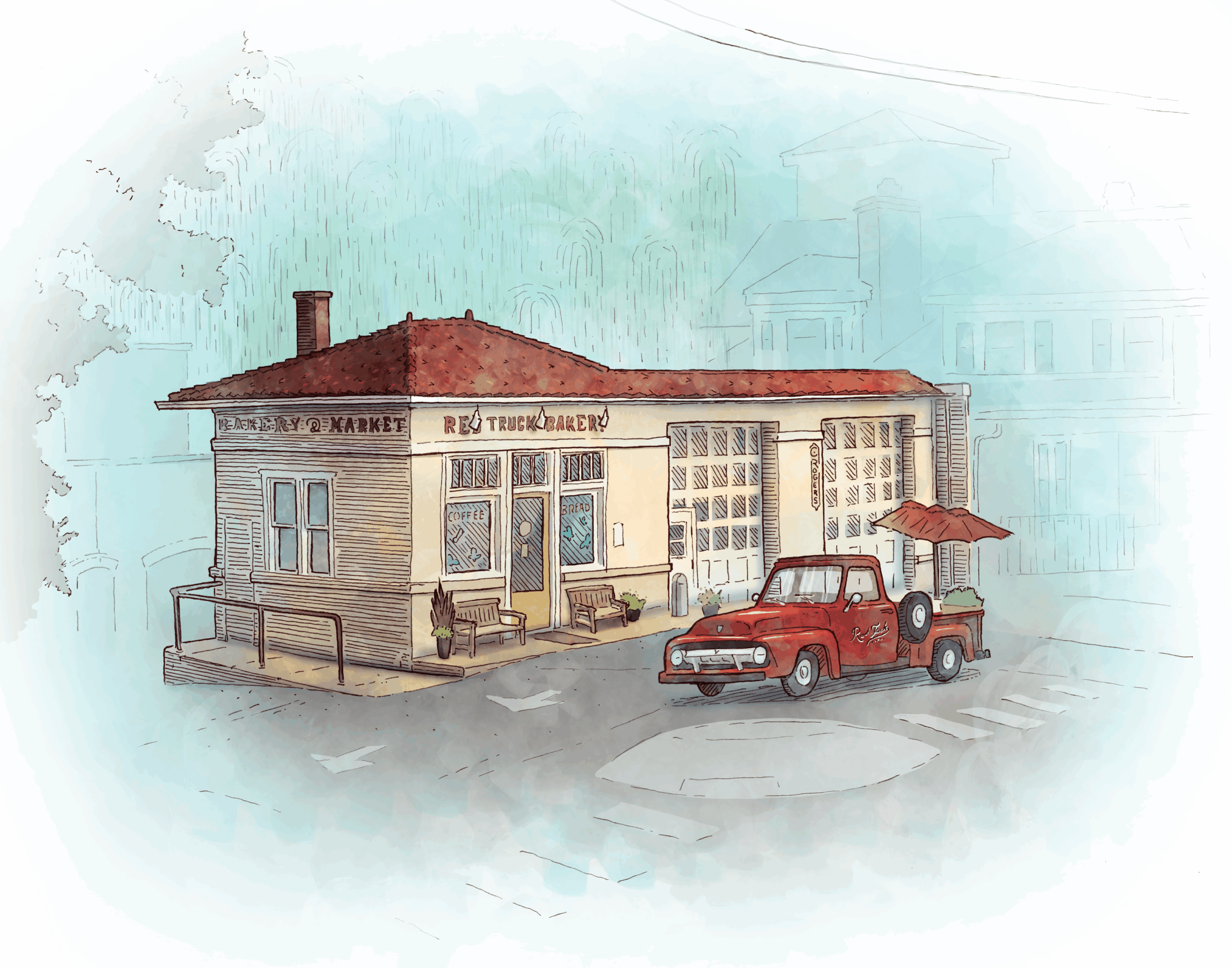 A small building with a red roof, a red vehicle parked outside, and a person sitting on a bench, with a light watercolor background.