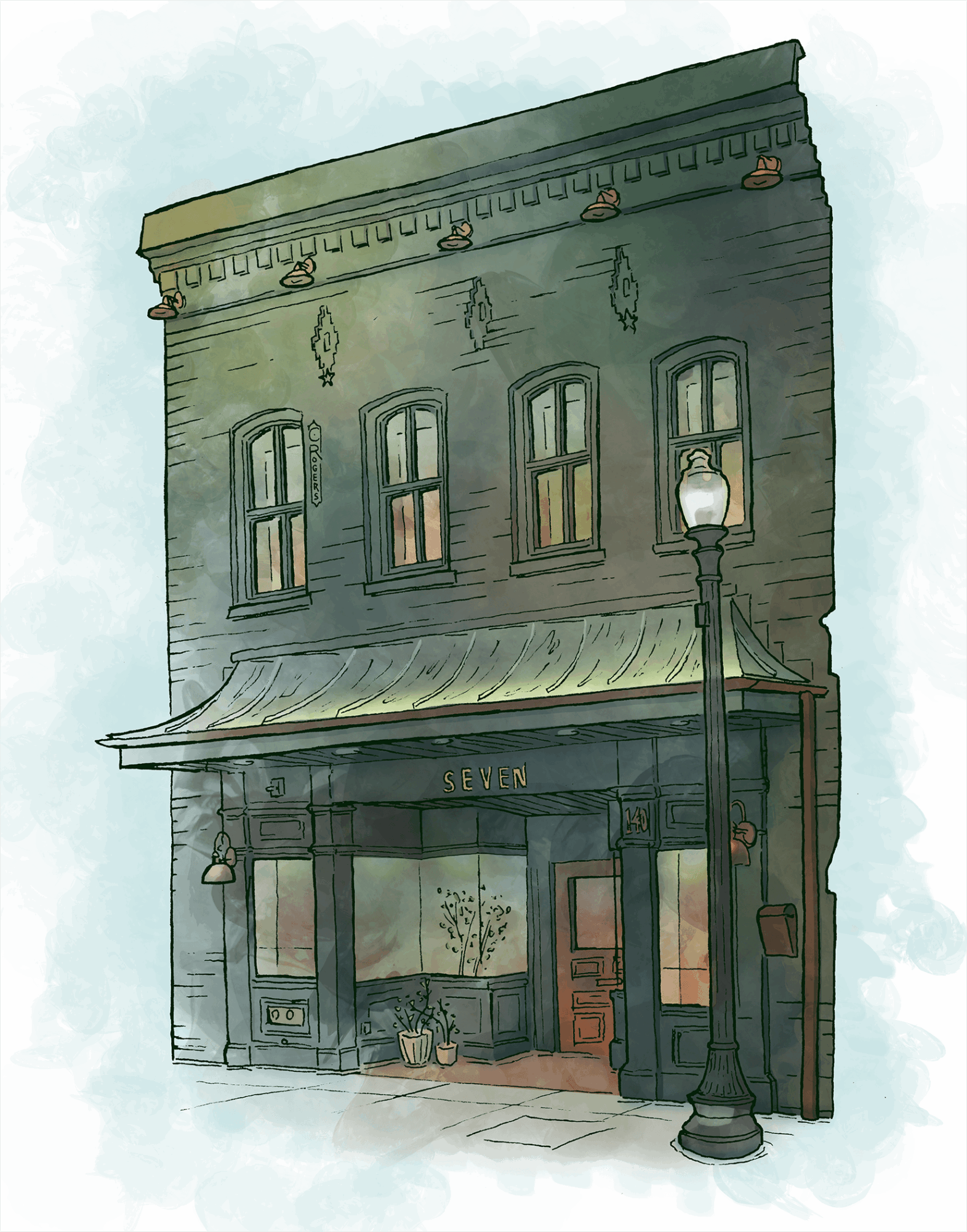 Two-story building with large windows, a storefront entrance, and a streetlamp outside, painted in watercolor style.
