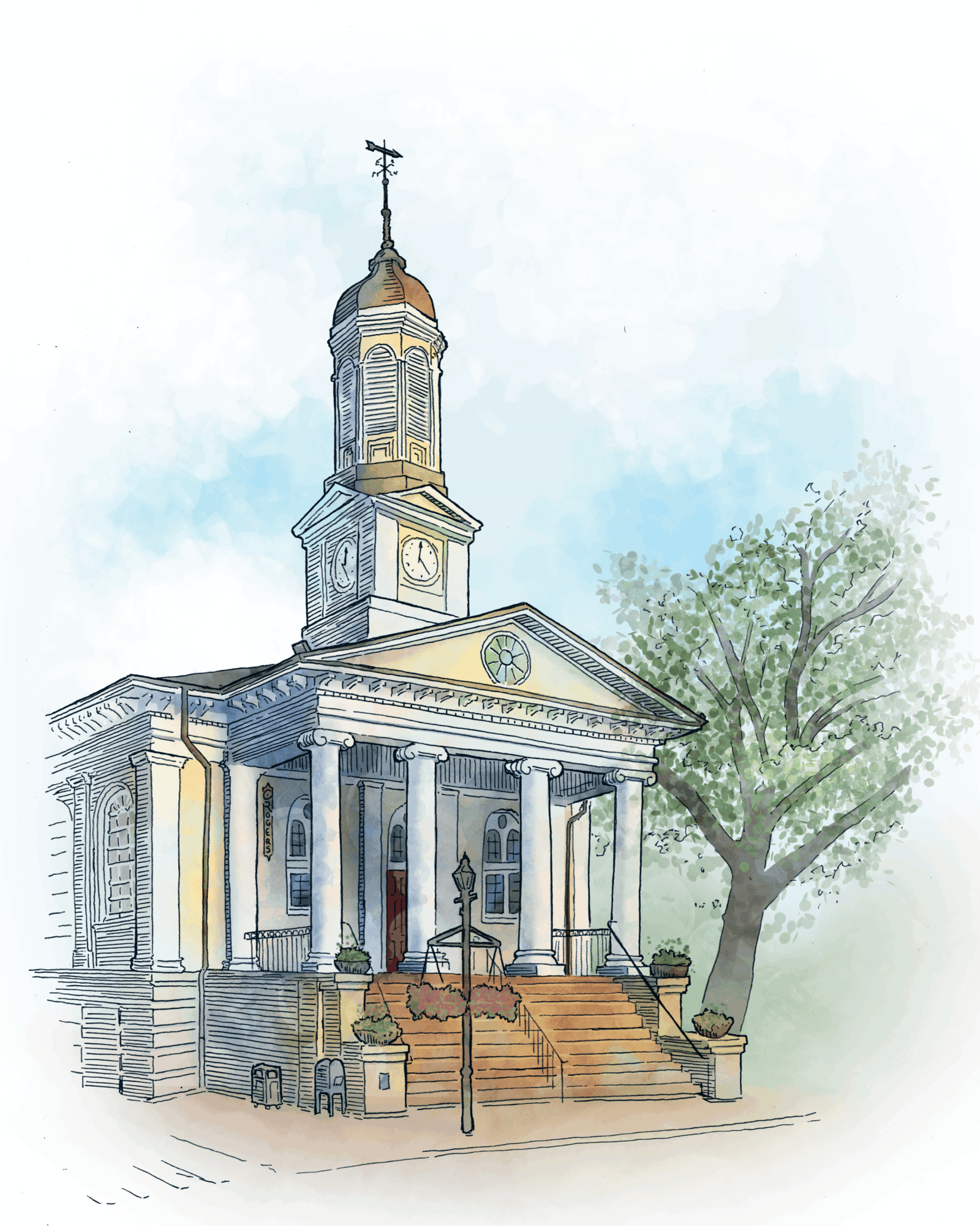 A church with a tall steeple, columns, and steps leading to the entrance, with a tree on the right side.