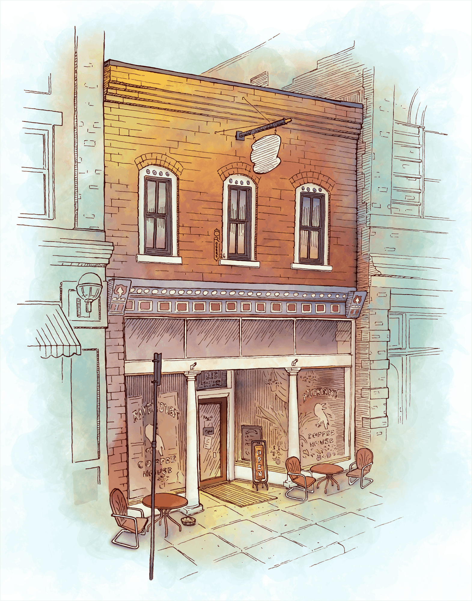 Three-story brick building with a storefront, outdoor seating, and a sign above the entrance, in a watercolor style.