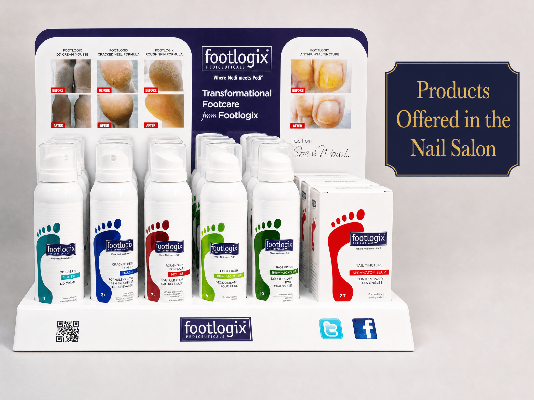 Display stand with Footlogix nail care products and a sign reading 'Products Offered in the Nail Salon'.