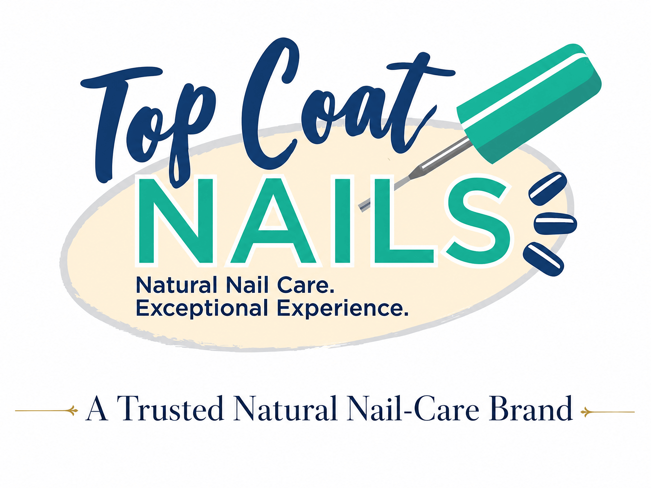 Logo with text 'Top Coat Nails' and a nail polish brush illustration, promoting natural nail care and a trusted brand.