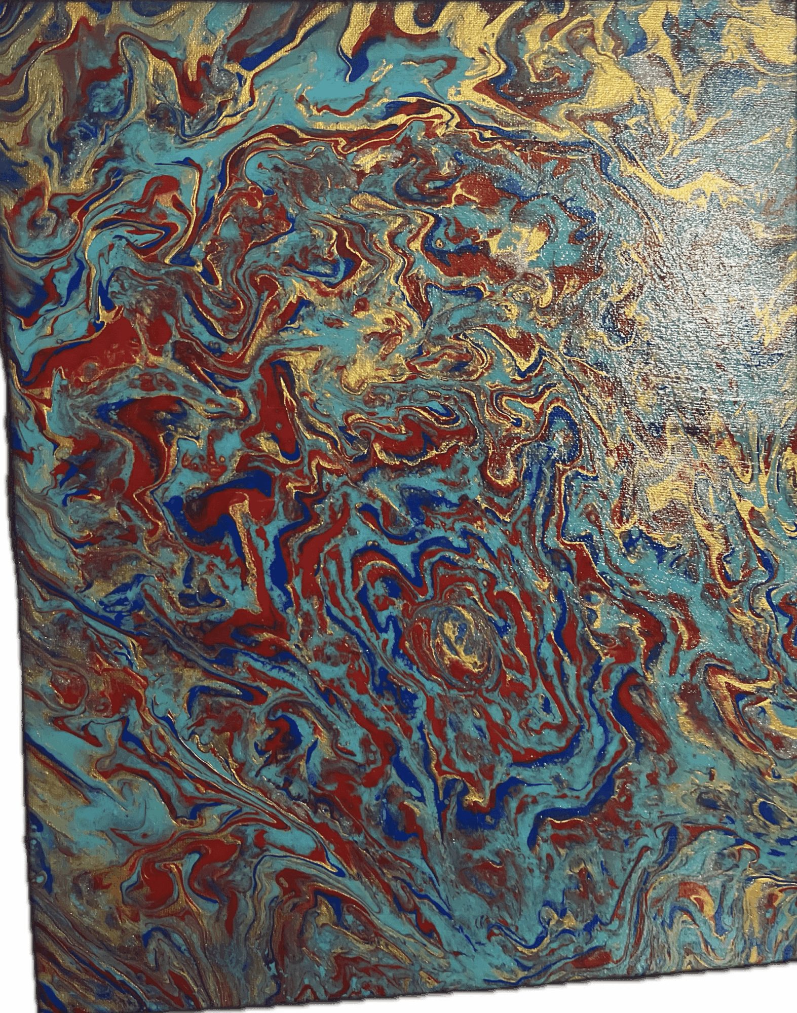Abstract painting with swirling patterns of red, blue, yellow, and green colors.