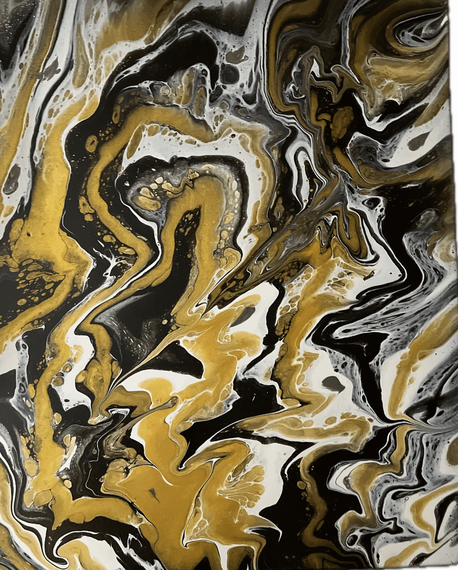 Abstract swirling pattern with black, gold, and white colors creating a marbled effect.