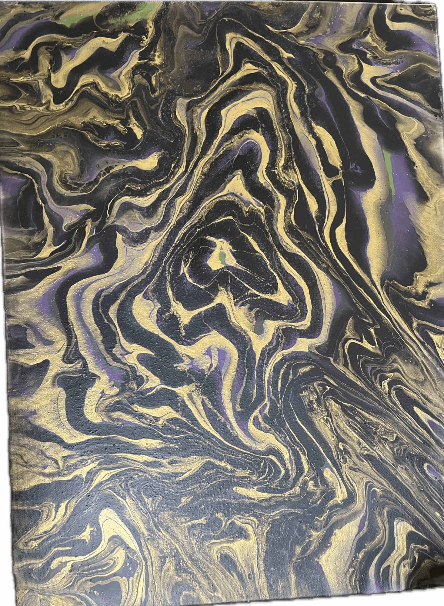 Abstract swirling pattern with black, gold, and purple colors, resembling marbled or fluid art.