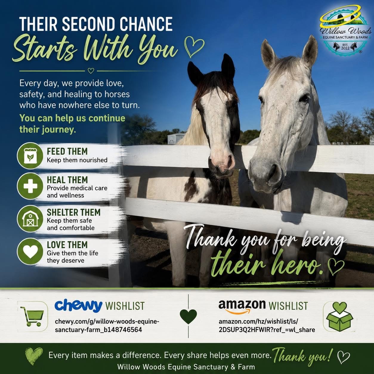 Two horses stand behind a white fence beside text promoting a horse sanctuary wishlist.