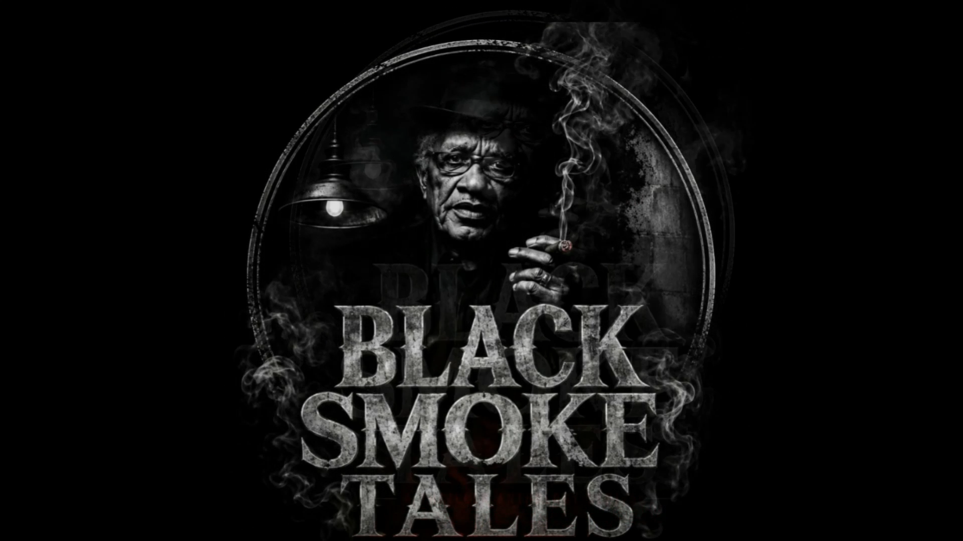 A man with glasses holding a cigarette, with smoke rising, and text reading 'Black Smoke Tales'.