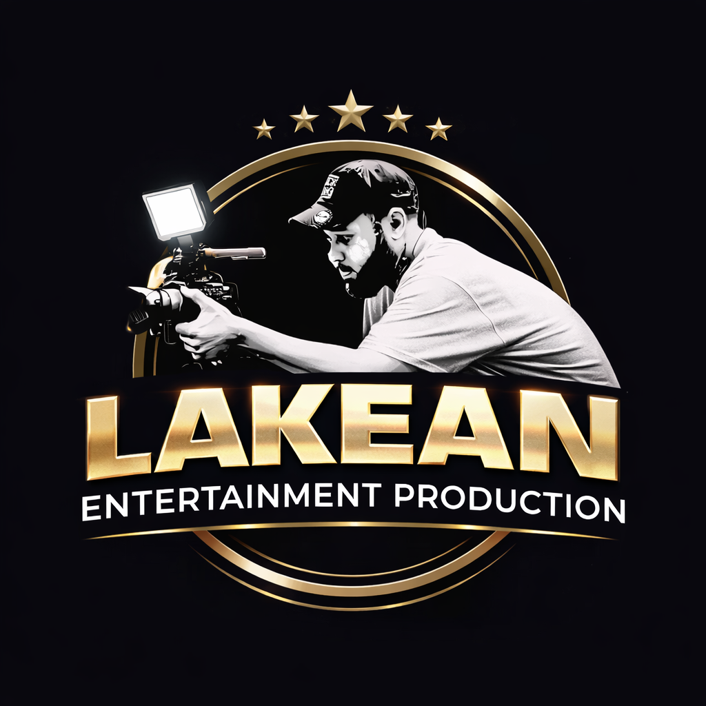 Logo with a man filming with a camera, text 'LAKEAN ENTERTAINMENT PRODUCTION', gold and black design.