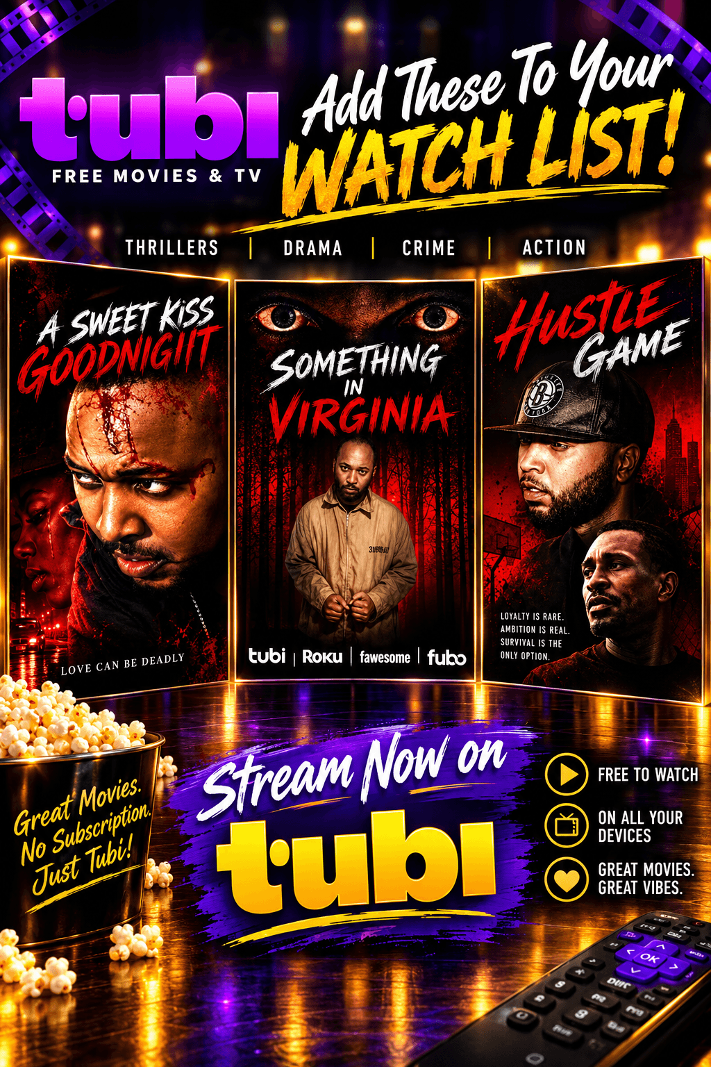 Promotional poster for Tubi streaming service featuring movie thumbnails and watch list, with colorful text and a remote control at the bottom.