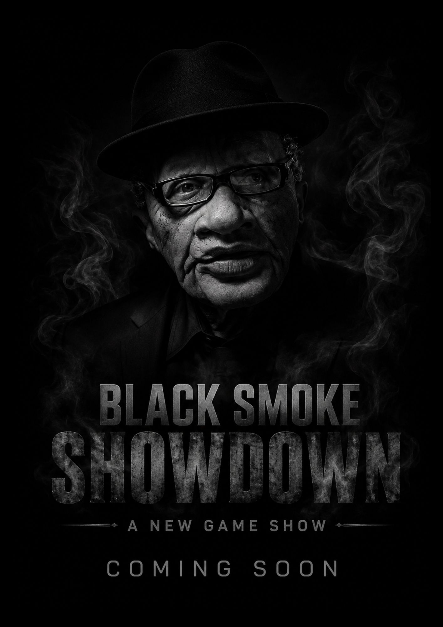 Black and white portrait of a man wearing glasses and a hat, with smoke around him, promoting a game show.