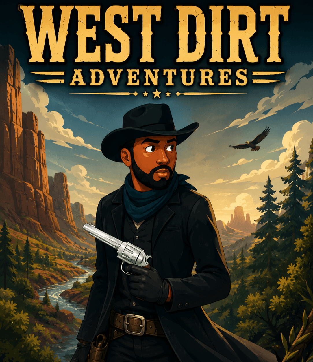 A man dressed as a cowboy holding a revolver, set against a western landscape with cliffs, trees, and a cloudy sky.