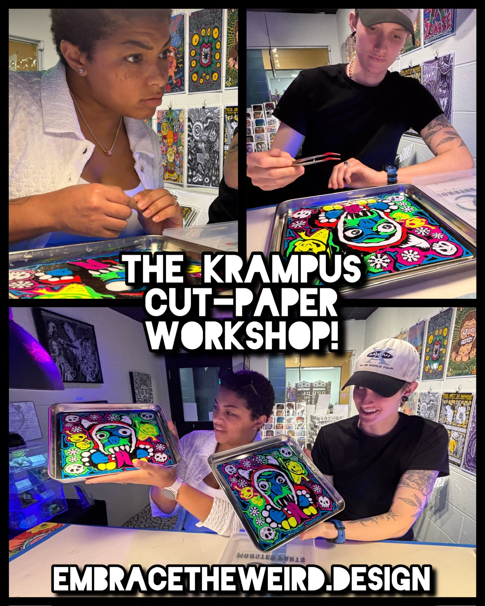 Two children and two adults at a workshop creating colorful cut-paper designs with digital tablets, in an art studio.