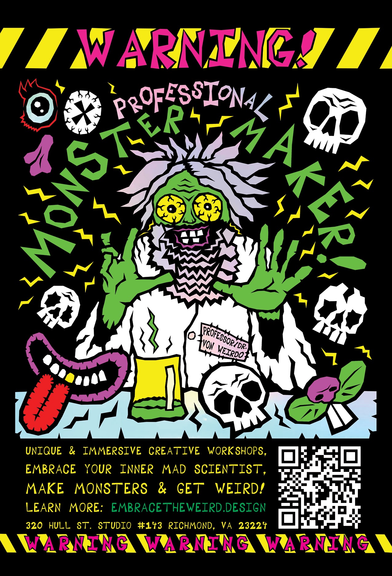 Colorful poster with a zombie-like character, skulls, and text warning about monsters and workshops, featuring bright colors and bold fonts.
