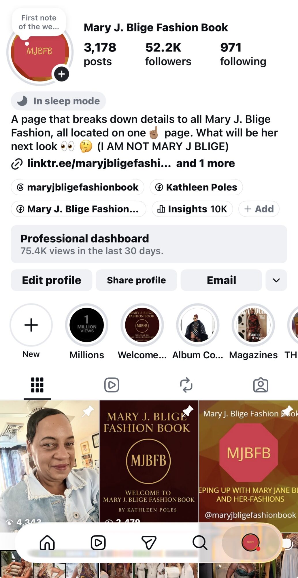 Screenshot of a Facebook profile page showing Mary J. Blige Fashion Book, profile picture, and posts.