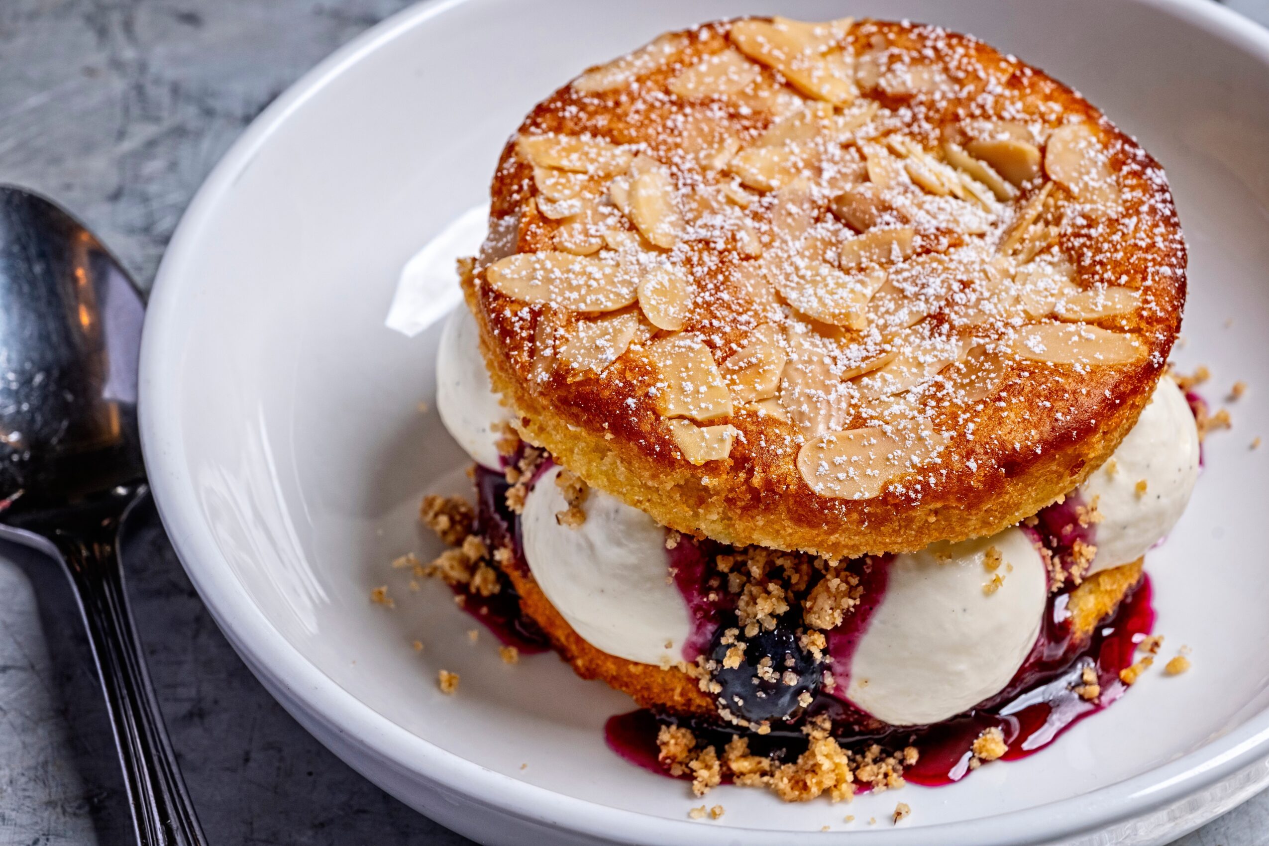 Round cake with almond slices and powdered sugar, served with ice cream and berry sauce in a white bowl.