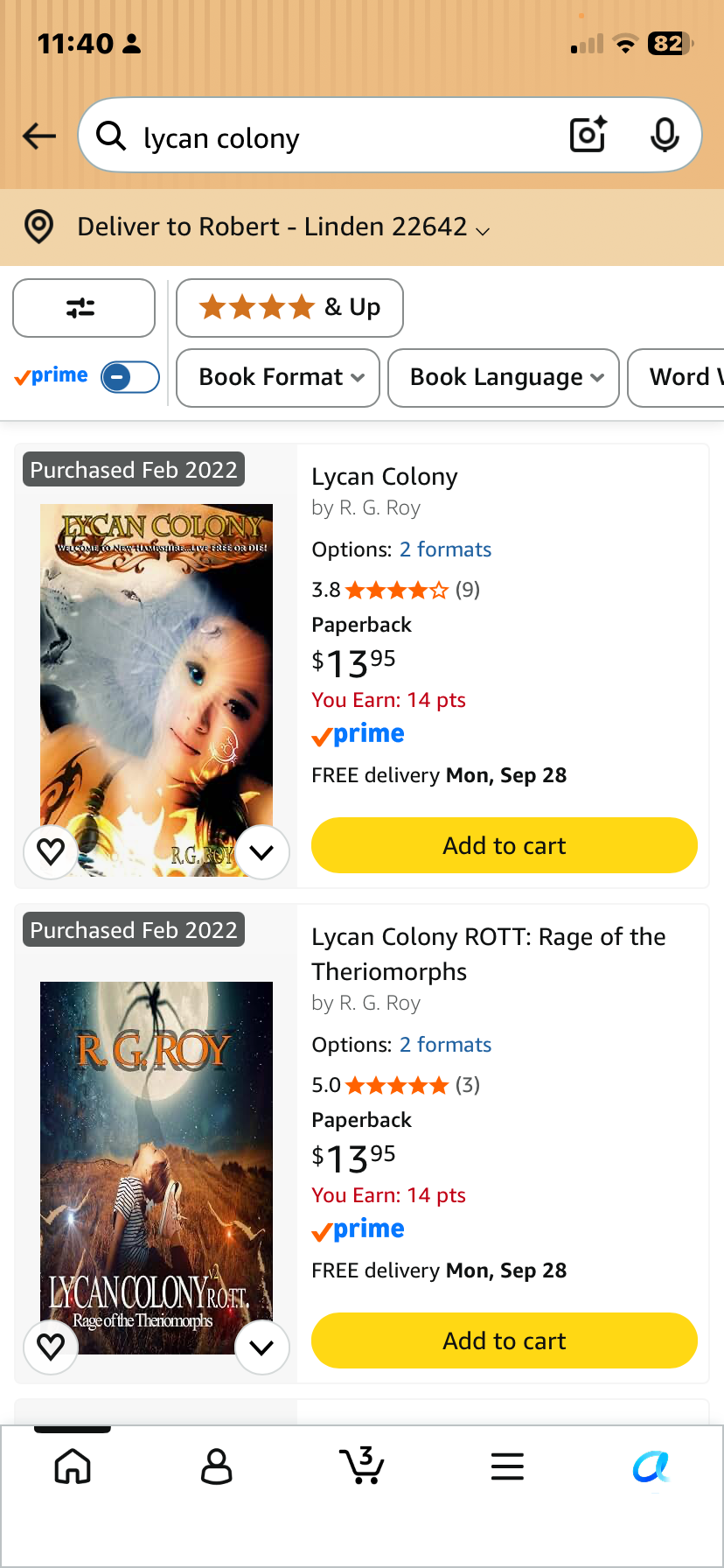 Screenshot of a mobile app showing book listings, prices, and purchase options, with a search bar at the top.