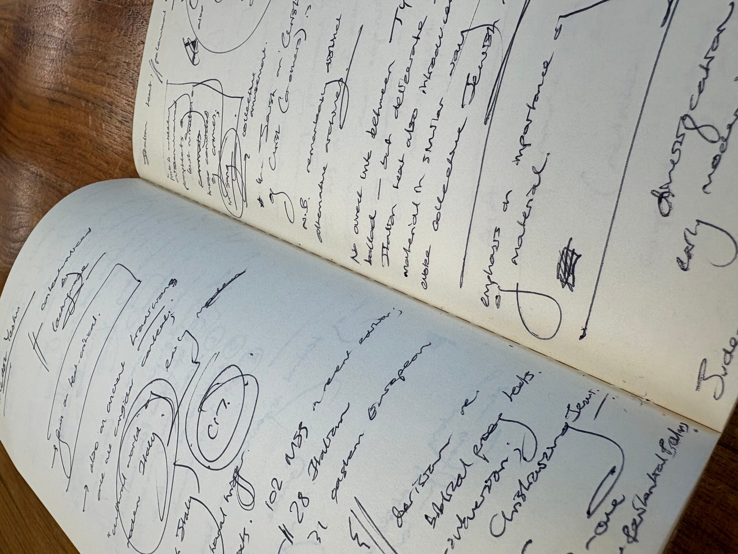 Open notebook with handwritten notes and diagrams on pages, placed on a wooden surface.