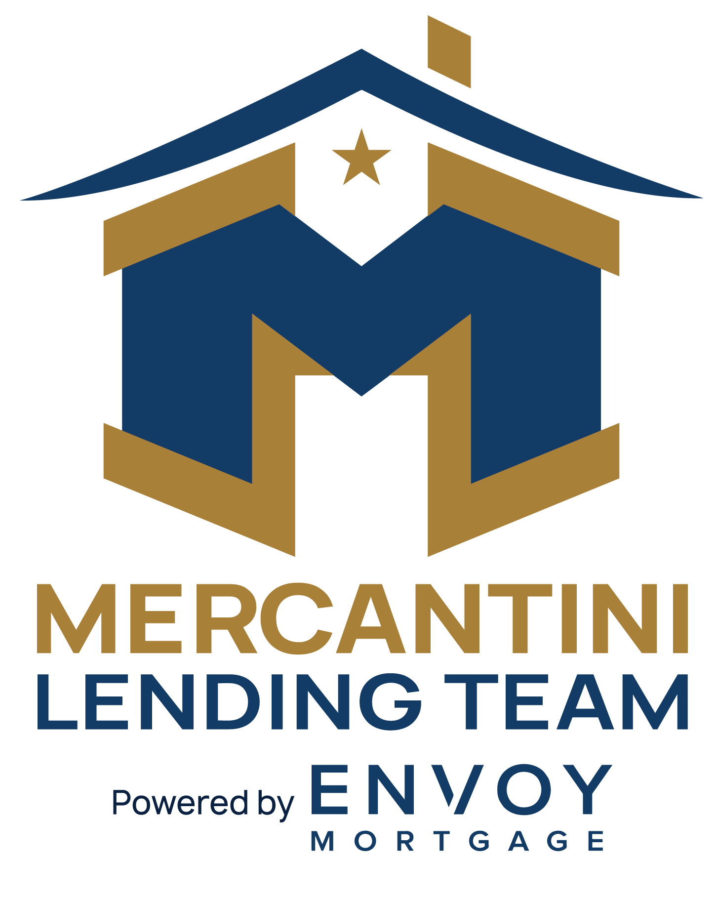 Logo with a house roof, star, and stylized letter M, with text 'MERCANTINI LENDING TEAM' and 'Powered by ENVOY MORTGAGE'.