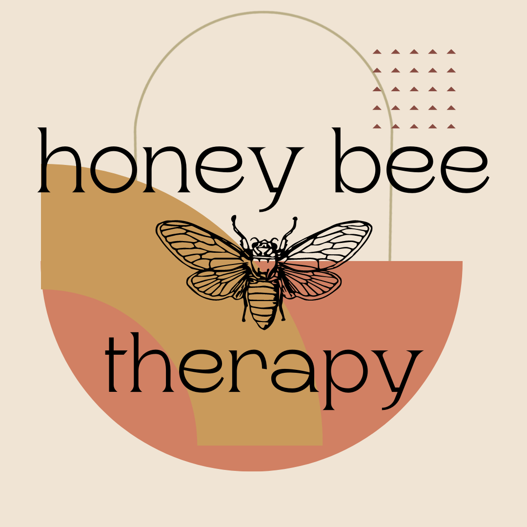 A bee illustration with abstract shapes and text reading 'honey bee therapy' on a beige background.