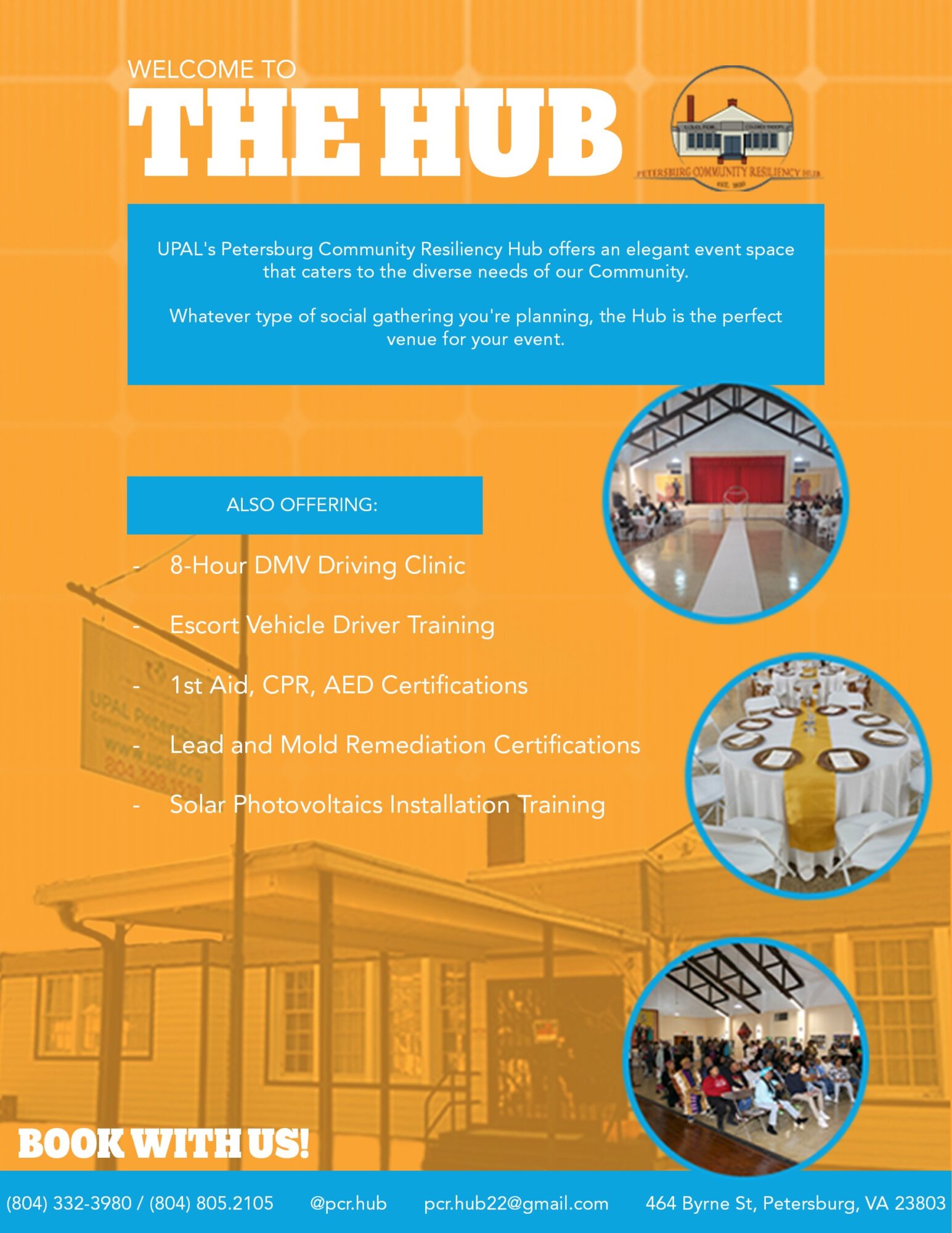 Poster for The Hub with event details, images of a building, a conference room, and a group gathering, and contact info.