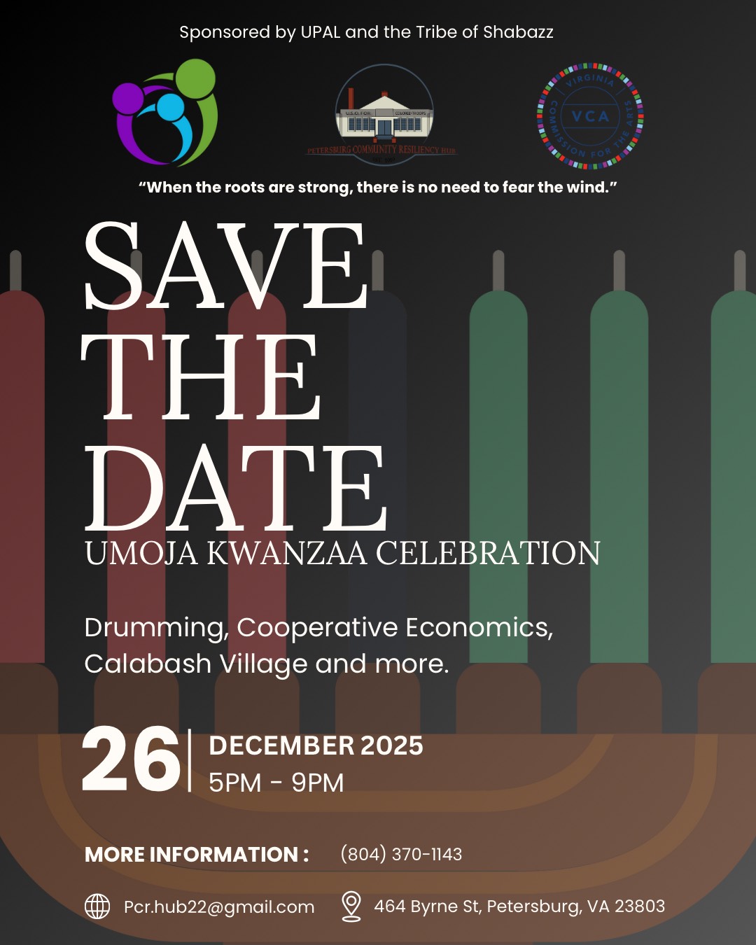 Event poster for Umoja Kwanzaa celebration with candles, date, time, and contact information.