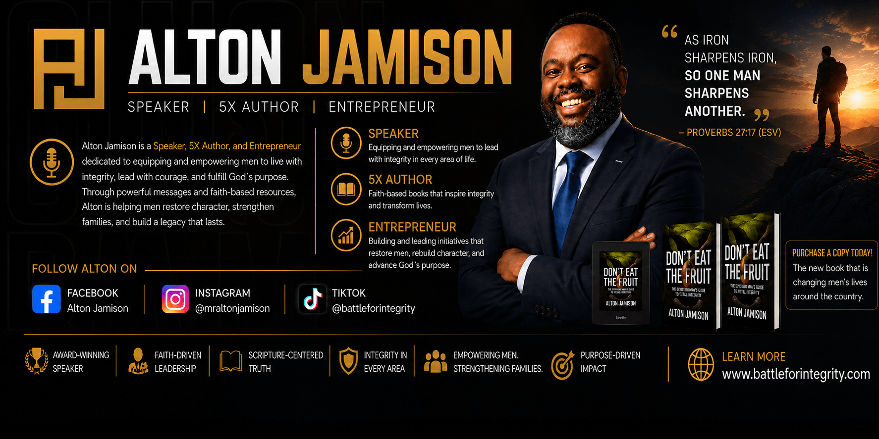 Promotional banner for Alton Jamison featuring his portrait, professional biography, social media links, and a book display.