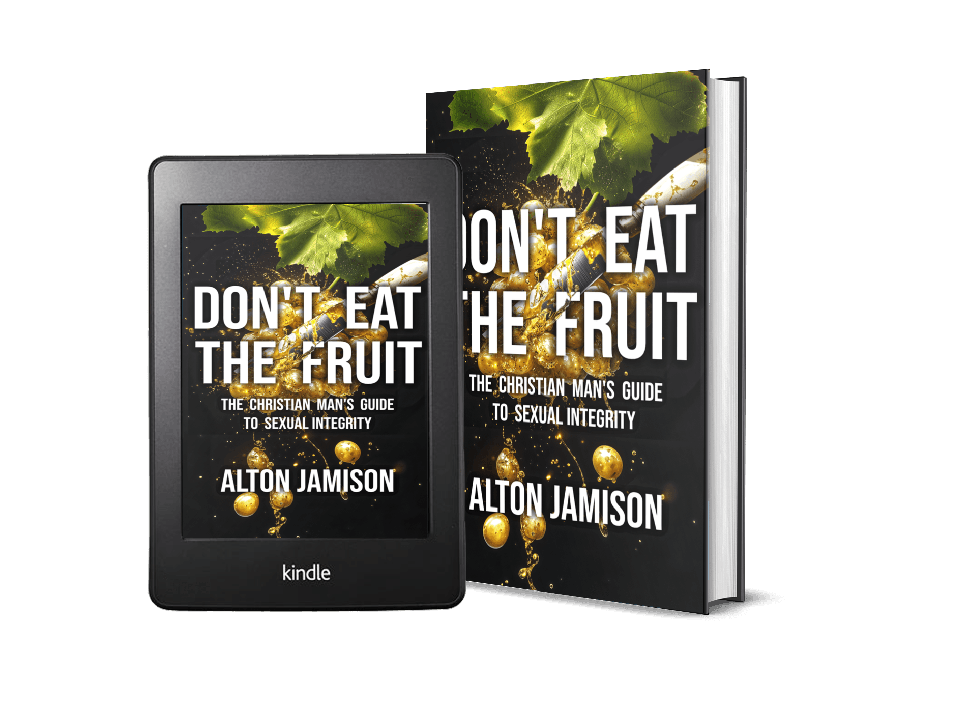 Kindle device and paperback book display covers titled “Don’t Eat the Fruit,” with a green leaf graphic.
