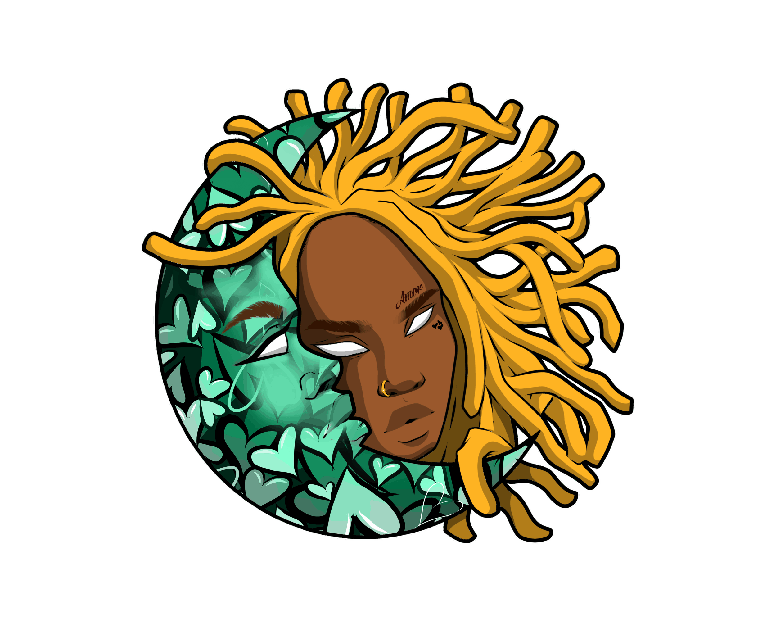 Illustration of a woman with golden dreadlocks and a background of green leaves, against a black background.