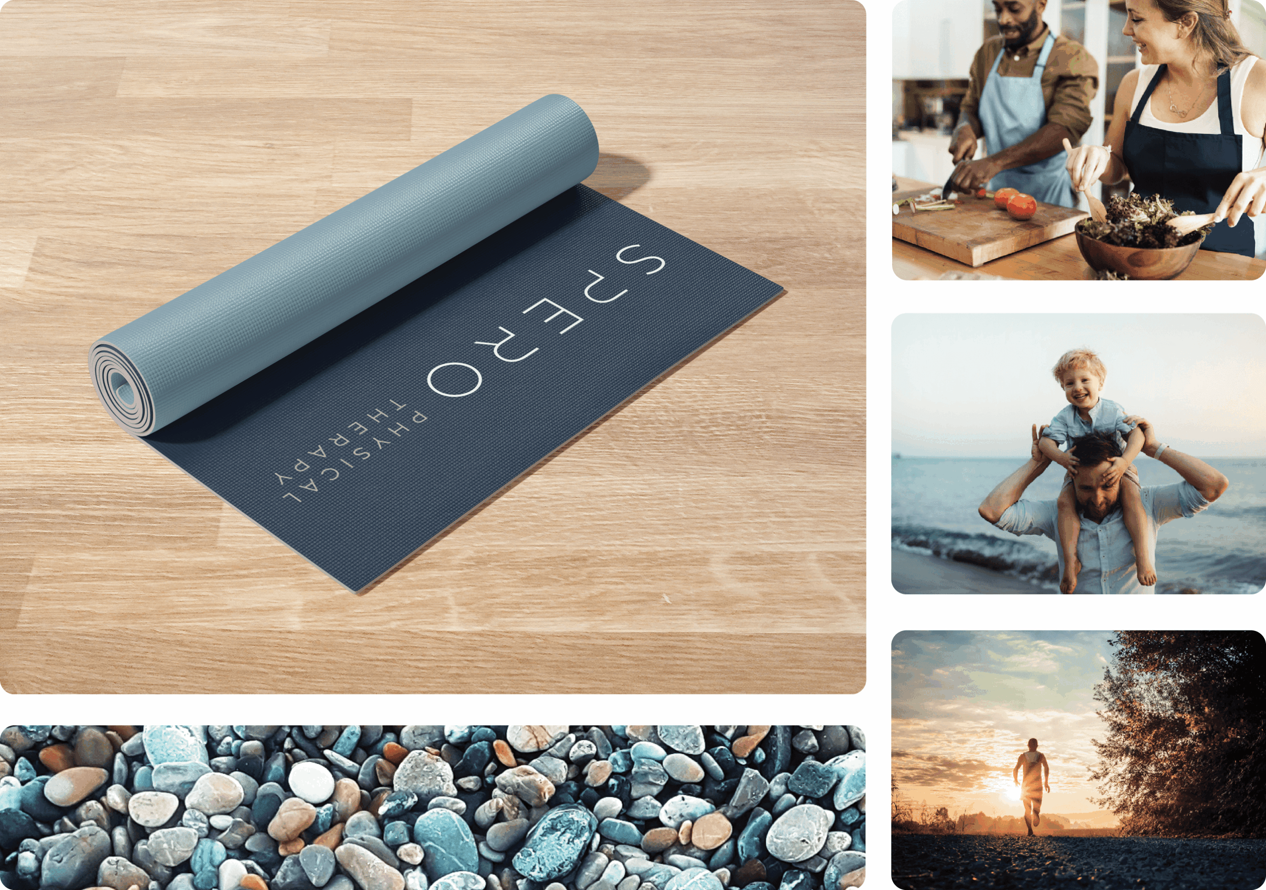 Yoga mat unrolled on wooden floor, with four smaller images of people cooking, playing, and walking outdoors, and a pebble beach.
