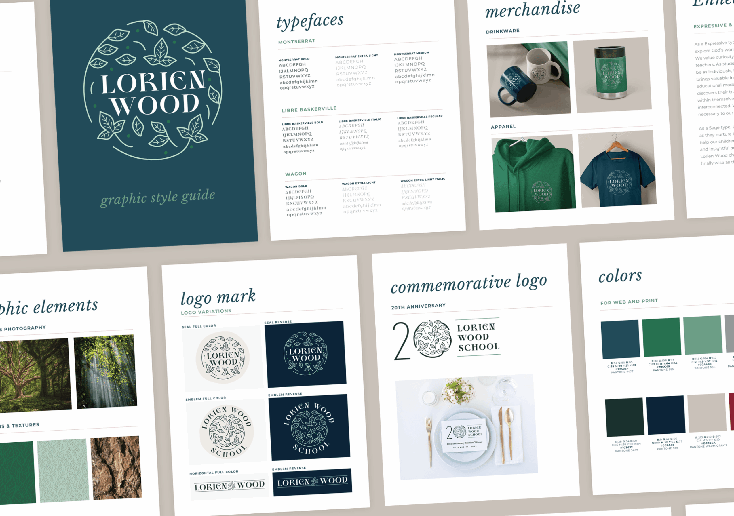 Collection of branding and design documents, including logo, color palette, merchandise, and style guide pages.